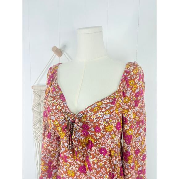 Patrons of Peace Floral Lone Sleeve Tie Front Crop Top Small Babydoll Terracotta - Picture 2 of 7